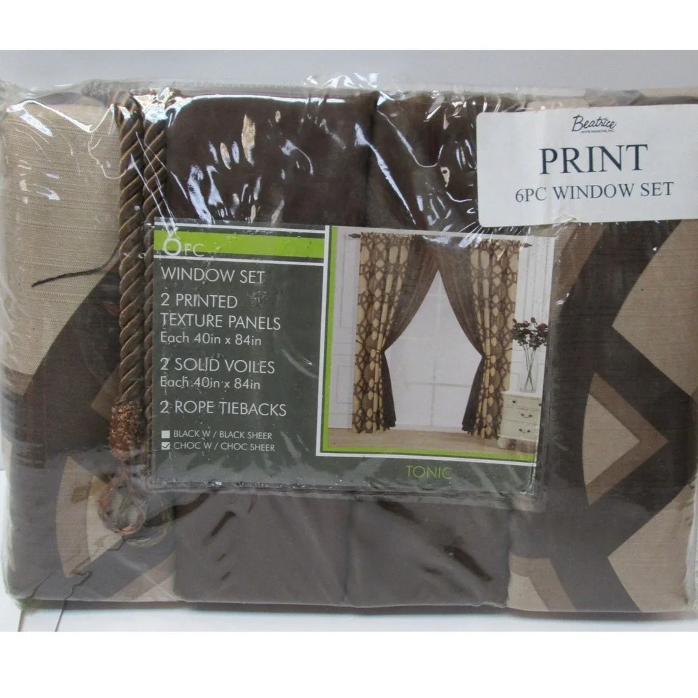 NEW Beatrice Home Fashions Inc 6pc Window Set Chocolate Brown w/ Chocolate Sheer